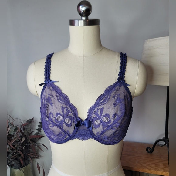 Vintage Victoria's Secret Lace Bra Purple Size 34C 80s - Picture 1 of 11